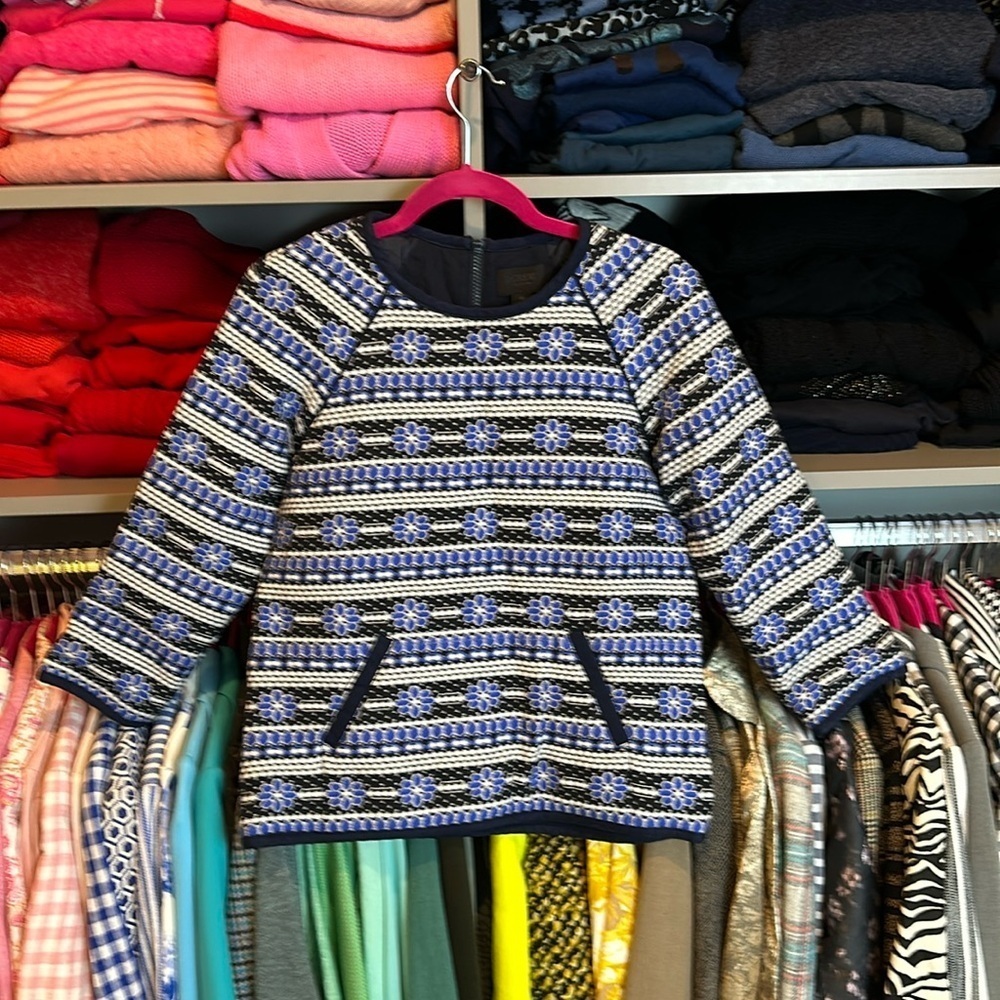 J Crew Navy, Periwinkle, White Printed Padded 3/4 Quarter Sleeve Top Size 00